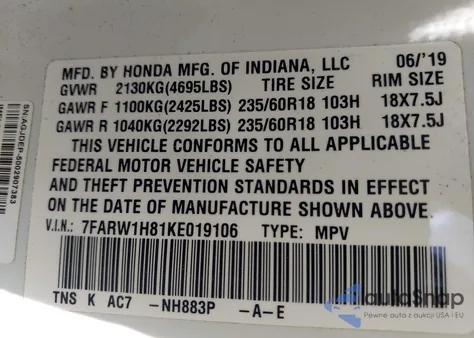 2019 Honda Cr-V Ex-L z USA, uszkodzony, nr VIN 7FARW1H81KE019106